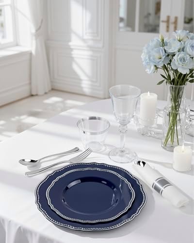 Hioasis 350 Pcs Blue Silver Plastic Plates Wedding & Party - Image 2