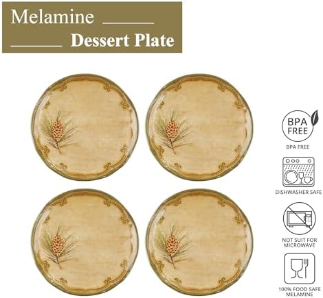UP Woodland Pinecone Melamine Round Dessert Plates, Small Serving Plates, for Appetizer, Snacks, and Side Dishes, Beige, 6 Inch, Set of 4 - Image 2