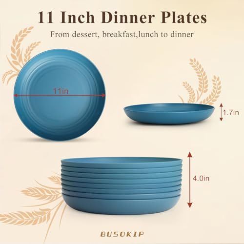 Deep Dinner Plates 11 Inch, Plastic Plates Reusable, Unbreakable Wheat Straw Plates Set of 8, Microwave and Dishwasher Safe Big Plate for Steak, Chicken, Casserole - Blue - Image 2