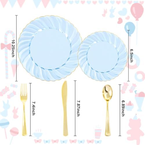 YOUBET 125PCS Clear Blue Gold Plastic Plates - Blue Disposable Plates With Gold Rim Include 25 Dinner Plates 25 Dessert Plates 75 Golden Silverwares for Wedding Birthday & Parties - Image 2
