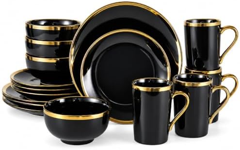 Black and Gold Dinnerware Set for 4, 16-Piece Porcelain by Loymokinar