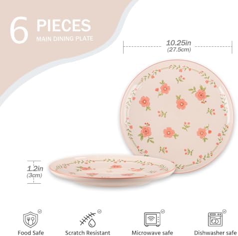 Romantic Pink Peach Blossom Ceramic Dinner Plates, Set of 6, 10.25-Inch Large Serving Plates for Kitchen, Microwave, Oven & Dishwasher Safe - Image 3
