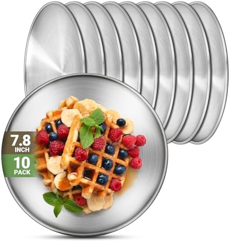 10 Stainless Steel Plates, 7.8 inch 304(18/8) Metal Camping Plate, Reusable Food Serving Dish Snack Eating Dishes Round Shatterproof Plate Silver Dinnerware for BBQ Dinner Oven Dishwasher Safe by Offiper