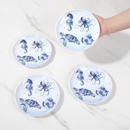 UP Indigo Sea Life Melamine Round Dessert Plates, Small Serving Plates, for Appetizer, Snacks, and Side Dishes, Blue, 6 Inch, Set of 4 - Image 5