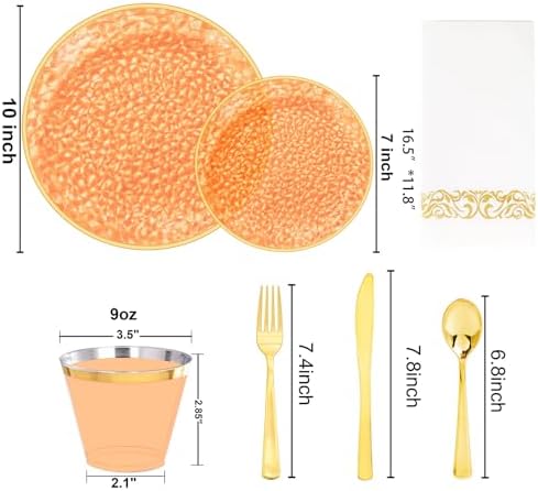 Rubtlamp 175 Pcs Plastic Dinnerware Set (25 Guests), Orange And Gold Plastic Plates, Hammered Party Plates Set Include Dinner Plates, Dessert Plates, Cups&Cutlery Set And Napkins for Wedding And Party - Image 2