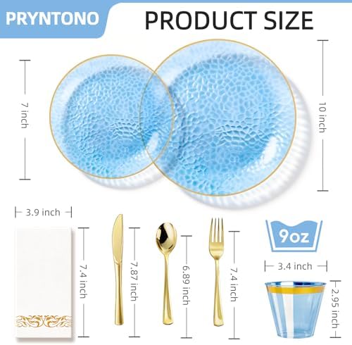 350PCS Blue Plastic Dinnerware Set, Blue and Gold Plastic Plates - Image 3