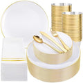 Festiva 350Pcs Gold Plastic Plates - White and Gold Dinnerware Set Disposable include 10" & 7" Plates,Cups,Silverware,Napkins -serve 50 Guests Perfect for Wedding& Easter&Birthday Party by Festiva