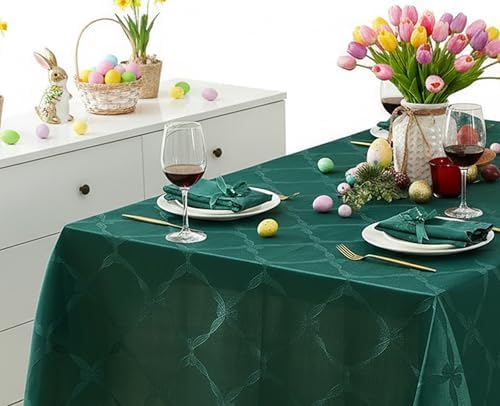 Newbridge Rectangle Tablecloth, 60 x 144 Inch, Ribbons and Bows Damask, Wrinkle and Stain Resistant Fabric Table Cloth, Holiday Evergreen - Image 2