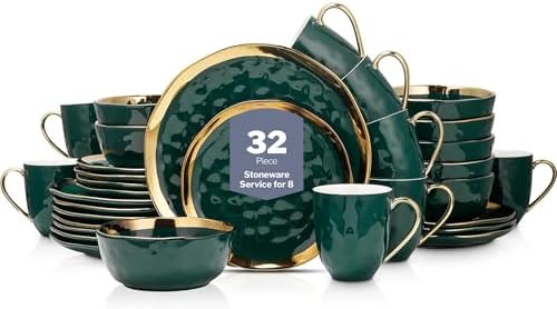 Stone Lain Florian Modern Porcelain Dish Set, 32-Piece Dishes for 8, Gold and Green (Porcelain Dinnerware Set) by Unknown