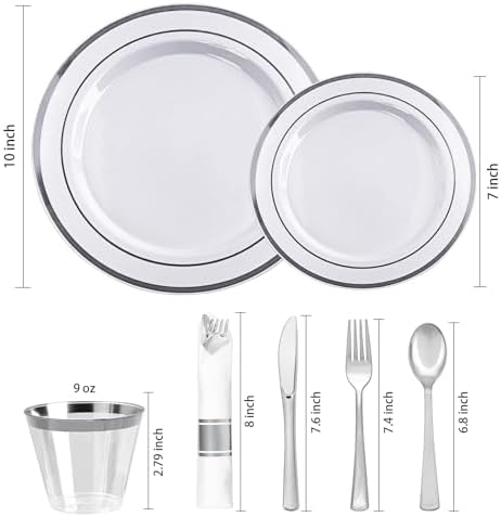 700 PCS White and Silver Plastic Dinnerware Set for 100 Guests, 200 Disposable Plates for Party, 100 Pre Rolled Napkins with Silver Silverware, 100 Cups - Image 3
