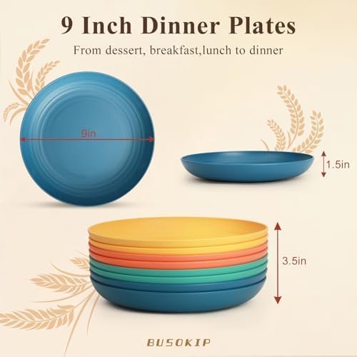 Wheat Straw Plates Set of 8, Reusable Plastic Dinner Plates 9 Inch, Unbreakable Kids Plates for Salad, Dessert, Microwave & Dishwasher Safe Camping Plate for Kitchen, Dorm, Picnic- Multi - Image 2
