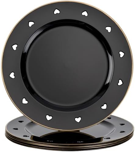 13" Round Black Charger Plates, Heart Hollow Chargers for Dinner Plates with Golden Border, Formal Table Setting Accessory Centerpiece Bluk Wedding, Valentine's Day, Galentine's Day, Set of 6 by Kazozobi