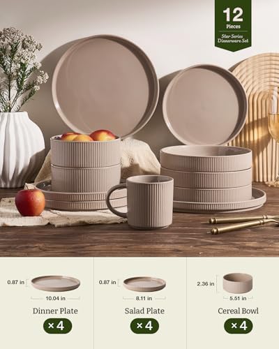 Famiware Ceramic Plates and Bowls Set, Dinnerware Sets, Ribbed Dishes for 4 - Image 6