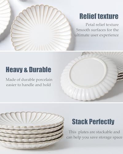 Ceramic 8 inch Salad Plates, Set of 6, Microwave & Dishwasher Safe, Vintage Farmhouse Small Dinner, Dessert Plates for Kitchen , Cake Serving Stoneware Dishes Housewarming Gift (8 inch, Petal) - Image 5