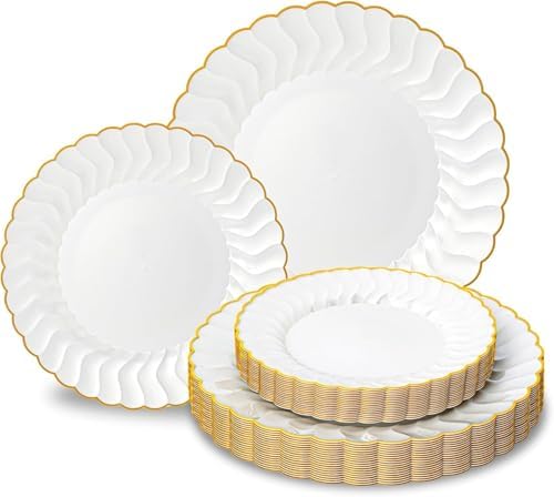 Lullaby 60PCS Pearl White Scalloped Plastic Plates with Gold Rim for Party by LULLABY
