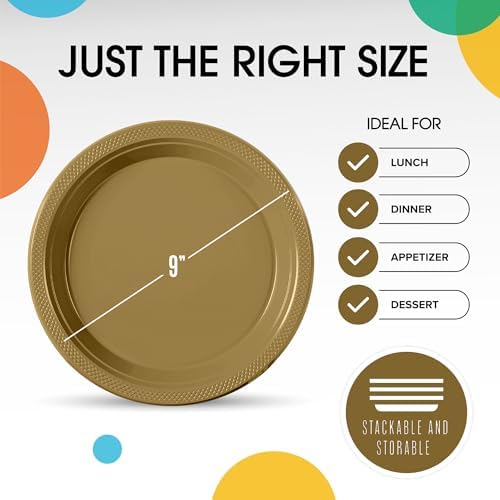 Exquisite Party Solids Sturdy Gold Plastic Plates 9" Party Plates 50 Pcs - Image 3