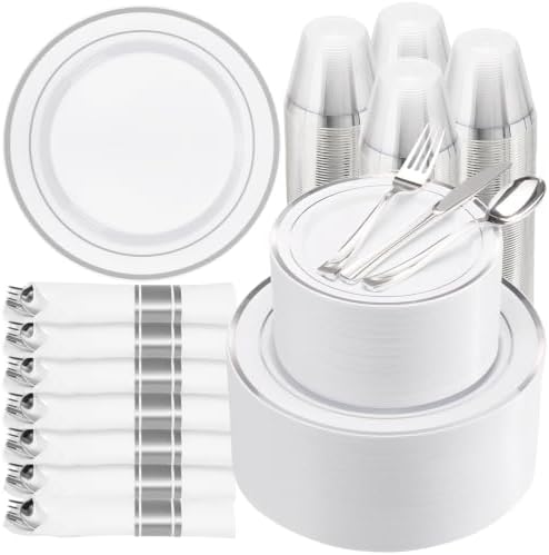 BESTVIP 875 Piece Silver Plastic Dinnerware Set for 125 Guests by Bestvip