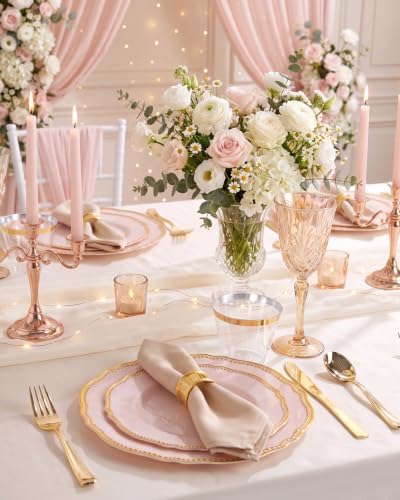 Hioasis 350 Pcs Pink and Gold Plastic Plates for Wedding & Party - Image 2