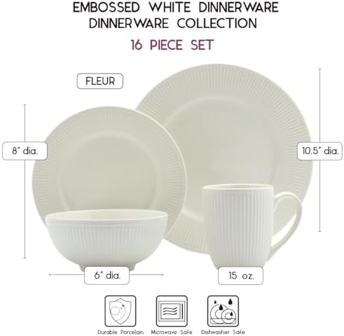 Tabletops Gallery Embossed Bone White Porcelain Round Dinnerware Collection- Chip Resistant Scratch Resistant, Fleur 16 Piece Dinnerware Set (Dinner Plate, Salad Plate, Cereal Bowl, Mug) - Image 4
