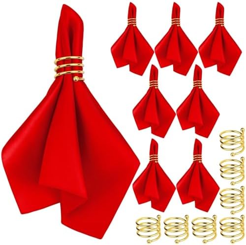 MCEAST Satin Cloth Napkins and Napkin Rings Set of 8, Smooth Fabric Table Napkins and Napkin Holder for Wedding, Birthday Dinner Party, Family Gatherings, Table Decor (Red, 17 x 17 Inches) by MCEAST