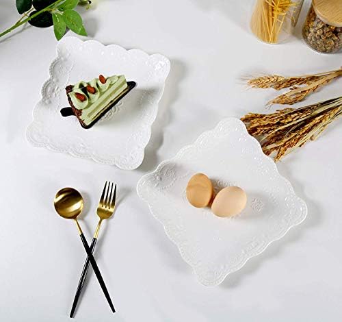 YBKTEX Ceramic Plate, Square Embossed Lace Plate (White, 6-inch) - Image 3