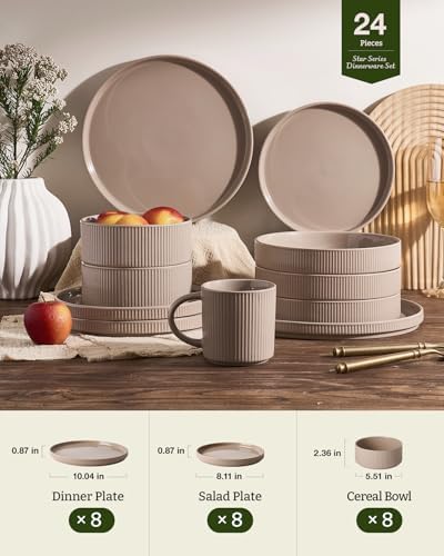 Famiware Stoneware Dinnerware Set for 8, Rimmed Plates, Bowls, Brown Dishes - Image 6