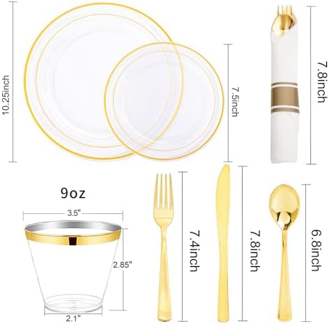 WELLIFE 350PCS Clear-Gold Plastic Plates - 100 Disposable Plates, 150Plastic Silverware, 50 Cups, 50 Napkins for Wedding & Party - Image 2