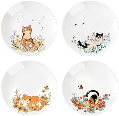 Colias Wing 8 Inch Cat and Flower Pattern Stylish Design Ceramic Salad/Pasta/Fruit/Appetizer/Dessert Dishes Holiday Plates Christmas Dinner Plates-Set of 4-4 Cats-8 Inch by Colias+Wing