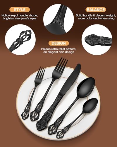 EUIRIO 40 Pieces Black Silverware Set, Royal Retro Flatware Set for 8, Stainless Steel Cutlery Set with Luxury Forks Spoons and Knives, Utensils Set Mirror Polished, Dishwasher Safe - Image 2