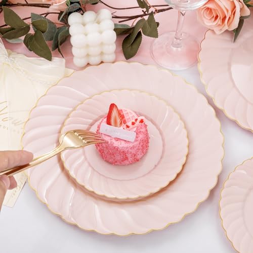 YOUBET 125PCS Pink Plastic Plates with Gold Rim for Wedding Birthday Party - Image 5