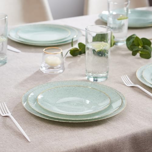 PLASTICPRO 128 Pack Elegant Disposable Plastic Plates Combo Set Bulk Pack Includes 64 Dinner Plates and 64 Salad Plates Heavy Duty Fancy Party Plates Green Granite Plates with Gold rim - Image 2