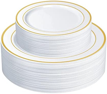 SETUP 60-Piece Gold Trim Plastic Dinnerware Set – 30 10.25" Dinner & 30 7.5" Salad Plates – Heavy-Duty Disposable for Weddings, Catering, Parties by SETUP