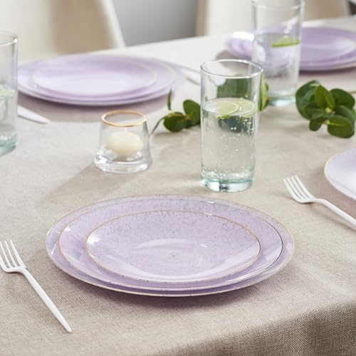 PLASTICPRO 128 Pack Elegant Disposable Plastic Plates Combo Set Bulk Pack Includes 64 Dinner Plates and 64 Salad Plates Heavy Duty Fancy Party Plates Purple Granite Plates with Gold rim - Image 3