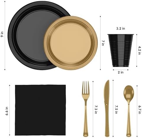 Exquisite 350 Pcs Black & Gold Plastic Plates for Party Black & Gold Disposable Plates Set 50 of Each 9 Dinner Plate Set 7 Dessert Plate Cups Napkins & Cutlery Plastic Dinnerware - Image 2