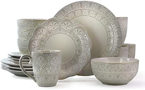 Elama White Lace 16 Piece Round Scallop Stoneware Dinnerware Set in White by Elama