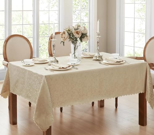 Newbridge Portofino Scalloped Damask Fabric Tablecloth, 52 x 70 Inch Rectangle, Linen, Wrinkle and Stain Resistant Fine Dining Holiday Party Table Cover - Image 2