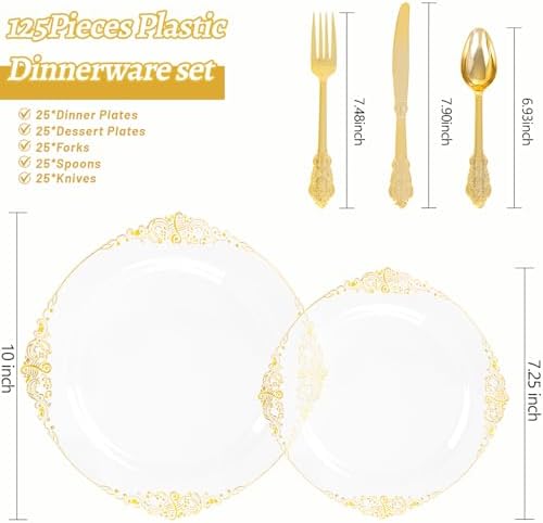 125PCS Clear and Gold Plastic Plates for Wedding and Party - Image 2