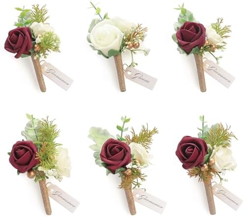 Floroom Set of 6 Burgundy & Ivory Foam Rose Boutonnieres with Pins for Men Wedding for Groom Groomsmen Wedding Ceremonies Anniversaries Formal Dinners Parties Proms by Floroom