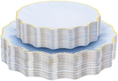 Rubtlamp 60Pcs Blue Plastic Plates - Blue Scalloped Plates with Gold Trim - 30 Gold Dinner & 30 Dessert Platos, Fancy Disposable Plates for Wedding (30 Guests) by Rubtlamp