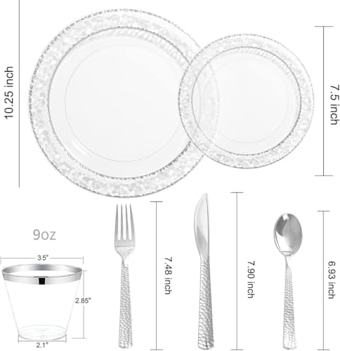 Ciaell 150PCS Clear Silver Plastic Plates - Silver Disposable Plates include 25Dinner Plate, 25Dessert Plate, 25Forks, 25Knives, 25Spoons, 25Cups for Weddings & Parties (Pack of 2) - Image 3