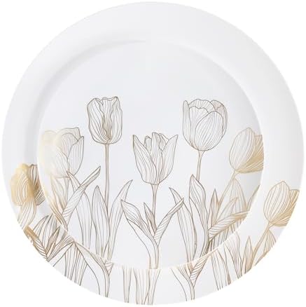 PLASTICPRO 32 Pack Elegant Disposable Plastic Plates Combo Set Includes 16 Dinner Plates and 16 Salad Plates Heavy Duty Fancy Party Plates White & Gold Tulip Design by PLASTICPRO