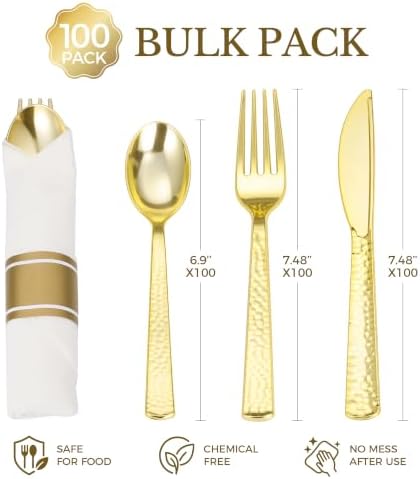 Goodluck 400PCS Gold Hammered Wrapped Silverware Set Disposable - Image 3