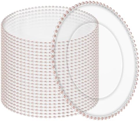 24 Pack Clear Charger Plates 13 Inch Acrylic Round Dinner Chargers with Pink Beaded Rim, Plastic Round Decorative Plates for Kitchen Wedding Party Home and Tabletop Decoration by Tomeurperf