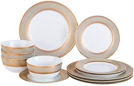 Porcelain Dinnerware Set with Real Gold Trim (Geometric Pattern,Service for 4) by Roeveca