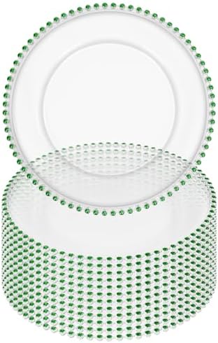 12 Pack Clear Charger Plates Bulk Wedding, 13 Inch Plastic Round Dinner Chargers with Green Beaded Rim, Acrylic Round Decorative Plates for Wedding Party Home and Tabletop Decor (Green) by Tomeurperf