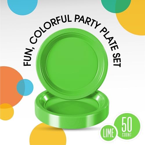 Party Solids Sturdy Lime Green Plastic Plates 7" Cake Plates 50 Pcs - Image 2