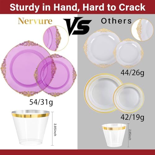 Nervure 350Pcs Purple Plastic Plates, Plastic Dinnerware Set for 50 Guests - Image 3