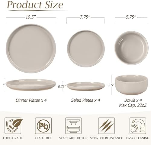 LIANYU Plates and Bowls Dish Sets for 4, 12PCS Stoneware Dinnerware Set, Speckled Dishware Includes Dinner Salad Plates, Cereal Bowls, Scratch Resistant, Milky Brown - Image 3