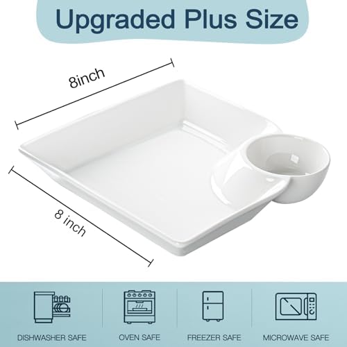 Chip and Dip Serving Platter Set of 4-8 Inch Ceramic Divided Plates with Sauce Compartment, Food-Safe Snack Plate for Dumpling, Sushi, Appetizer, Taco - White - Image 2