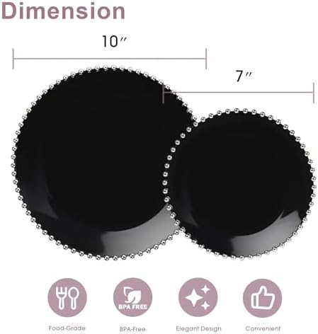 HOMIP 50PCS Disposable Black Plastic Plates with Silver Pearl-Beaded Rim - Image 2